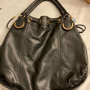 Y2K Juicy Couture Black Leather Drawstring Shoulder Bag with Gold Rings